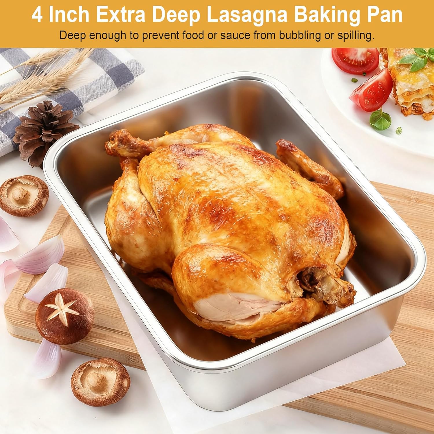 Regine Switzerland 4-Inch Deep Lasagna Pan Set - Stainless Steel Baking Pans with Lids | 7.4QT & 5.1QT Sizes