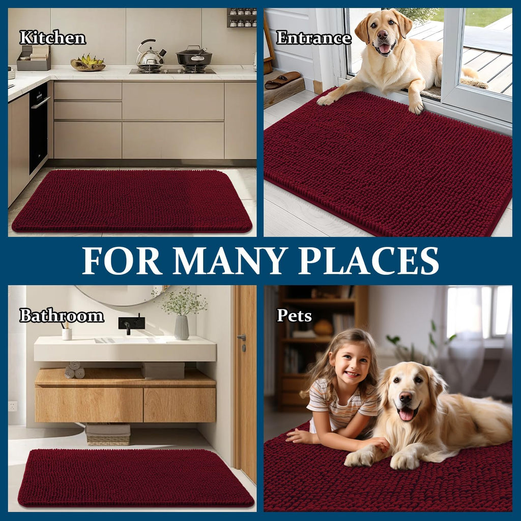 OLANLY Dog Door Mat - Absorbent Non-Slip Chenille for Muddy Paws | 24x16, Quick Dry, Burgundy