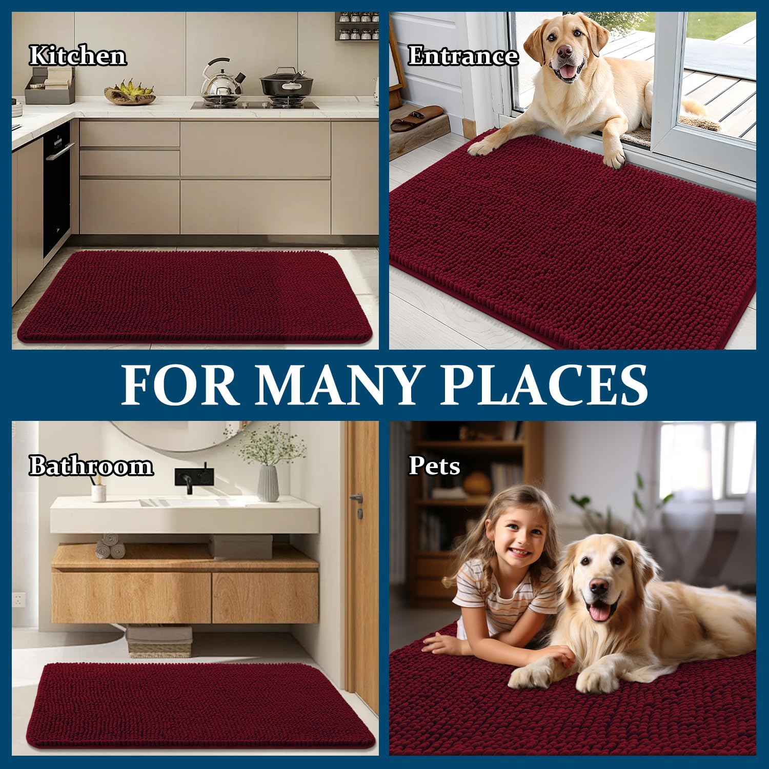 OLANLY Dog Door Mat - Absorbent Non-Slip Chenille for Muddy Paws | 24x16, Quick Dry, Burgundy