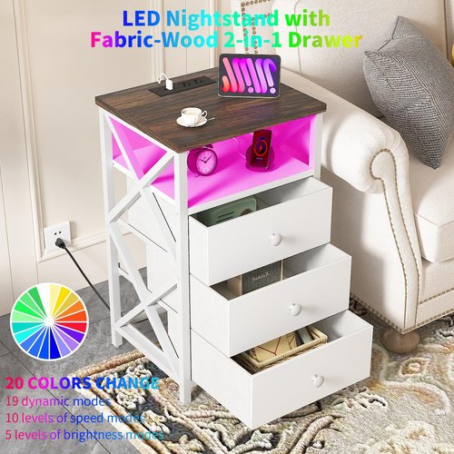 LTTDOUK LED Nightstand with Charging Station, Tall Dresser for Bedroom with LED Light, Side Table Bedside Tables with USB Ports and Outlets, White End Table with Drawer for Bedroom, Living Room