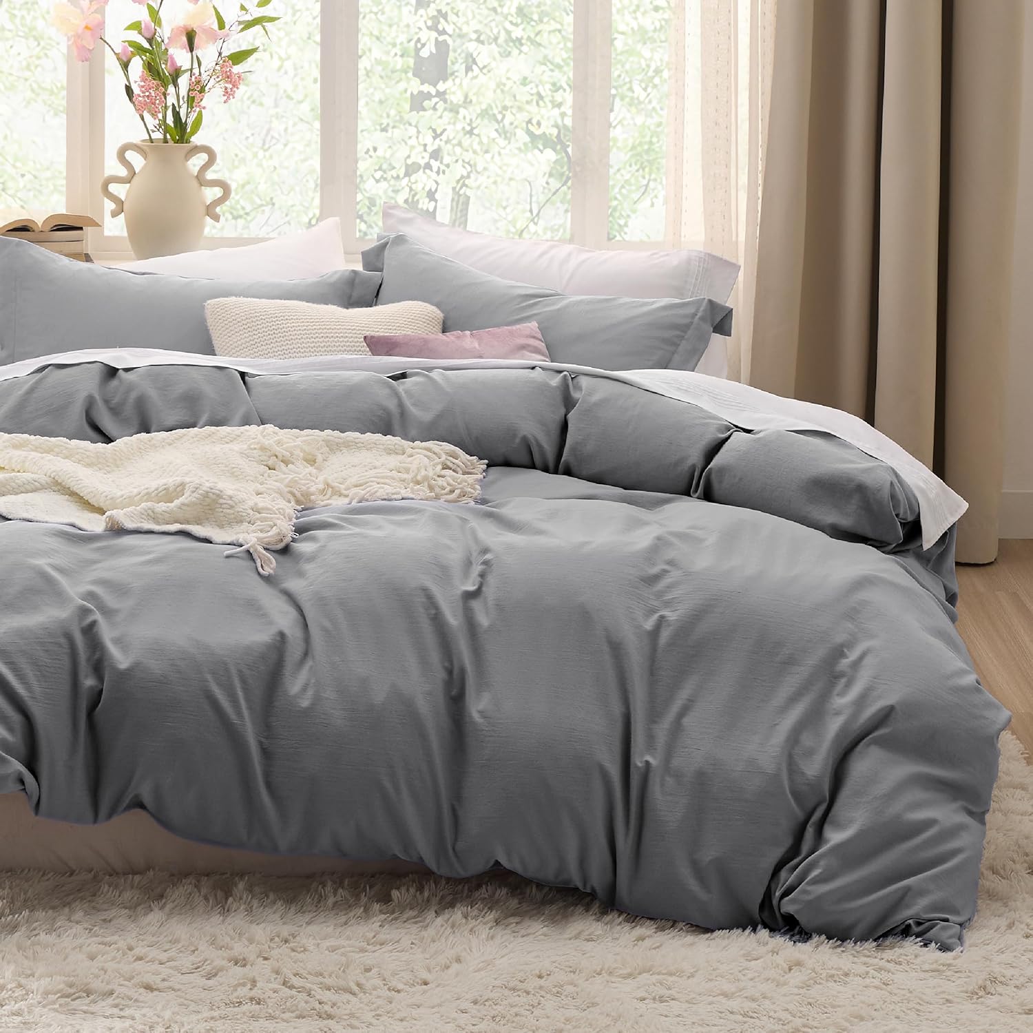 Bedsure Grey Duvet Cover Set - King Size 3-Piece Extra Soft Cotton-Like Polyester Bedding | 104x90 Inches with Zipper Closure & 2 Pillow Shams