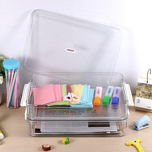 BTSKY Plastic Storage Containers - 2 Pack Portable Document Organizers with Lids | Stackable A4 File Boxes (Big, White)
