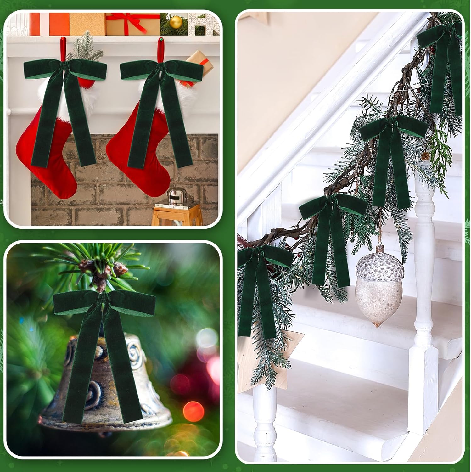 Skiennix 24 Pcs Velvet Bows - Vintage Ribbon Bows for Christmas Tree & Crafts | Dark Green, 5 x 7 Inch