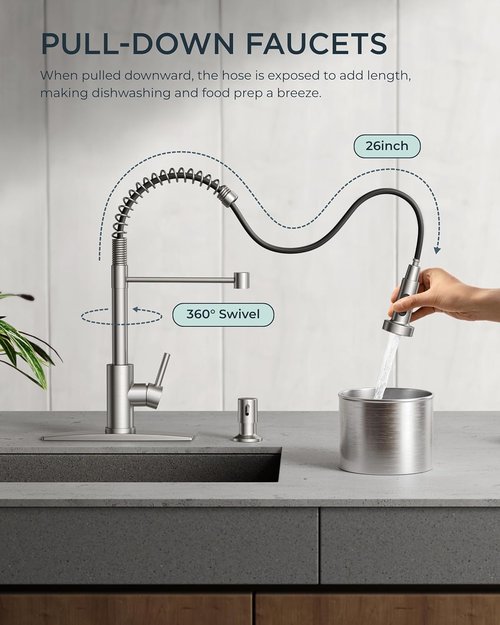 FORIOUS Kitchen Faucet - Brushed Nickel Pull Down Sprayer | Commercial Stainless Steel Design for RV & Utility Room