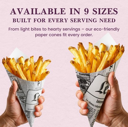Friteshop – Premium French Newspaper Paper Cones K-17 Medium, 8.5 oz - European Made Disposable Food Service Holders for French Fries - Professional Snack Cone - Takeaway Food Packaging - 100 Count
