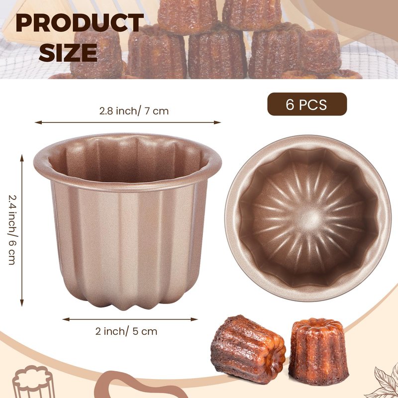 Blushtier 6 Pcs Canele Mold Cake Pan Non Stick small Copper Color Canele Molds Muffin Bakeware Cupcake Pan 2.8 Inch Carbon Steel Pastry Mould Mini Cupcake Holders DIY Cake Muffin Oven Baking Tool