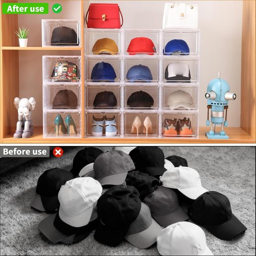 Attelite Hat Organizer - Stackable Baseball Cap Storage Box with Transparent Magnetic Door | Set of 6, Clear Black