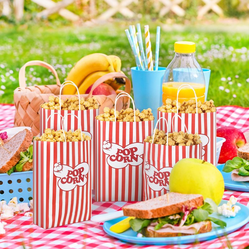 Gersoniel 100pcs 9.84 x 6.89 X2.95 Inch Large Hand-held Popcorn Bag, Classic Striped Popcorn Bag, Flat Bottom Paper Individual Food Tote for Carnival Birthday Movie Night Party Supply(Red and White)