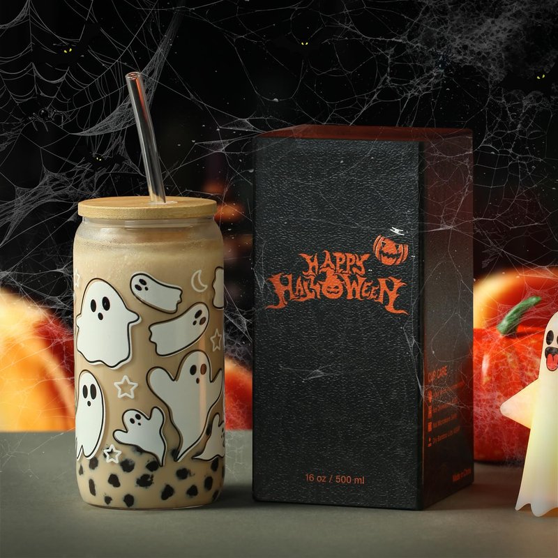 Halloween Pumpkin Ghost Glass Cup with Lids and Straws, 16 oz Glass Tumbler, Spooky Iced Coffee Mug for Smoothie, Cute Halloween Gifts for Women, Girls - Boo Basket Stuffers, Spooky Gifts for Teens