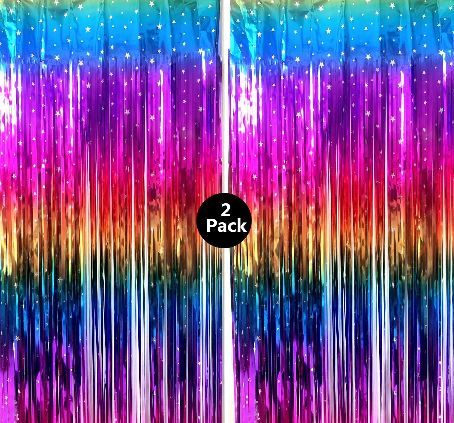 Rainbow Tinsel Foil Fringe Curtains - 2 Pack Metallic Streamers for Party Decor | 3.3x6.6ft Backdrop