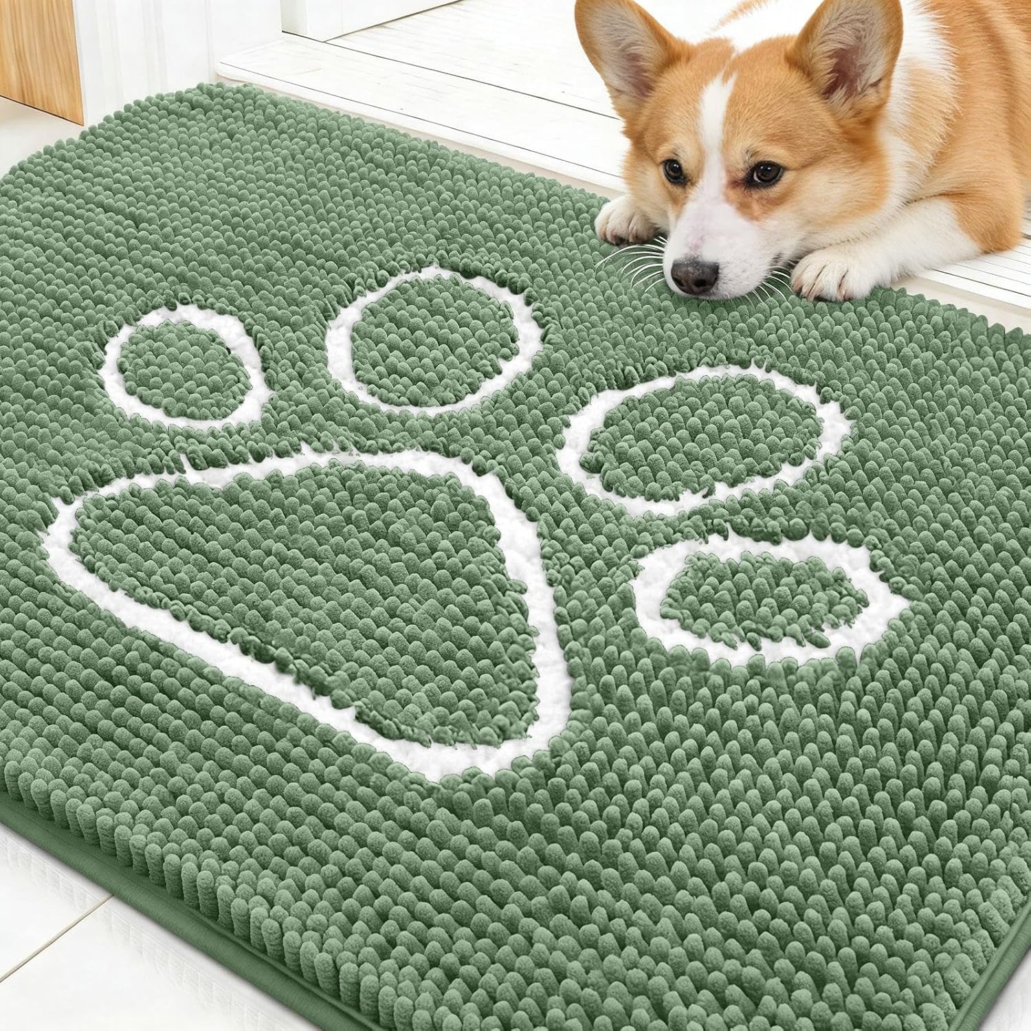 OLANLY Dog Door Mat - Absorbent Muddy Paws Doormat | Non-Slip Chenille, 30x20, Olive Green & White
