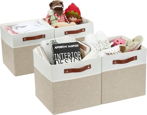 DECOMOMO Fabric Cube Storage Bins - Stylish Organizer Baskets for Kallax & Cubbies | Beige & White, 11-Inch Cube - 4 Pack