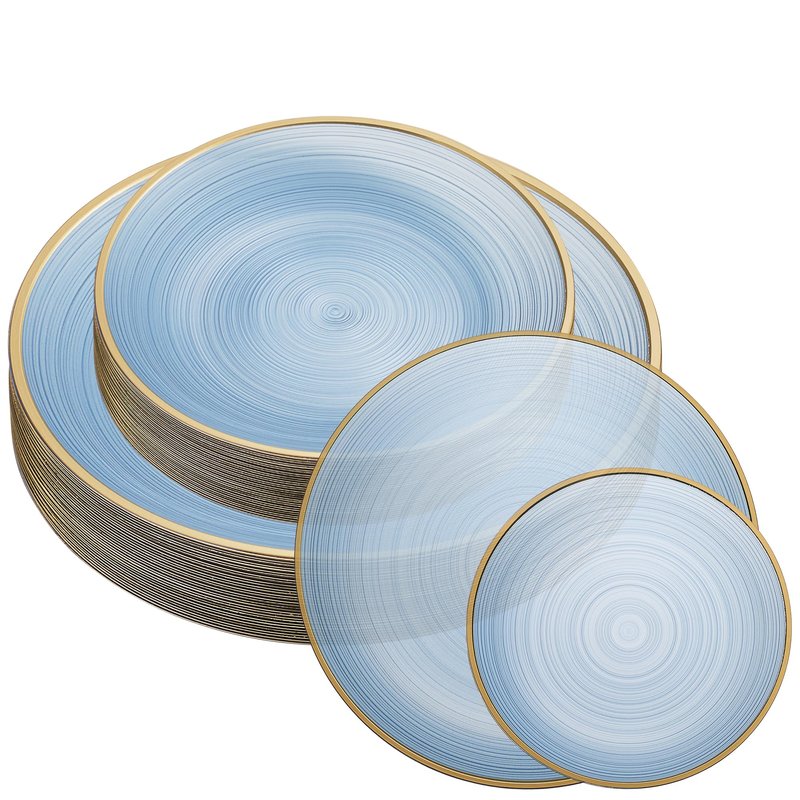 PLASTICPRO 128 Pieces Crystal Design Plastic Plates Combo Pack 7 inch and 10 inch Gold Rim Elegant Disposable Plates, Transparent Blue