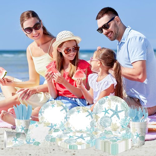 Ocean Seashell Beach Plates and Napkin Coastal Beach Party Supplies Blue Starfish Seashell Coral Themed Disposable Tableware Cups Forks for Kids Summer Birthday Party Decorations, Serves 24