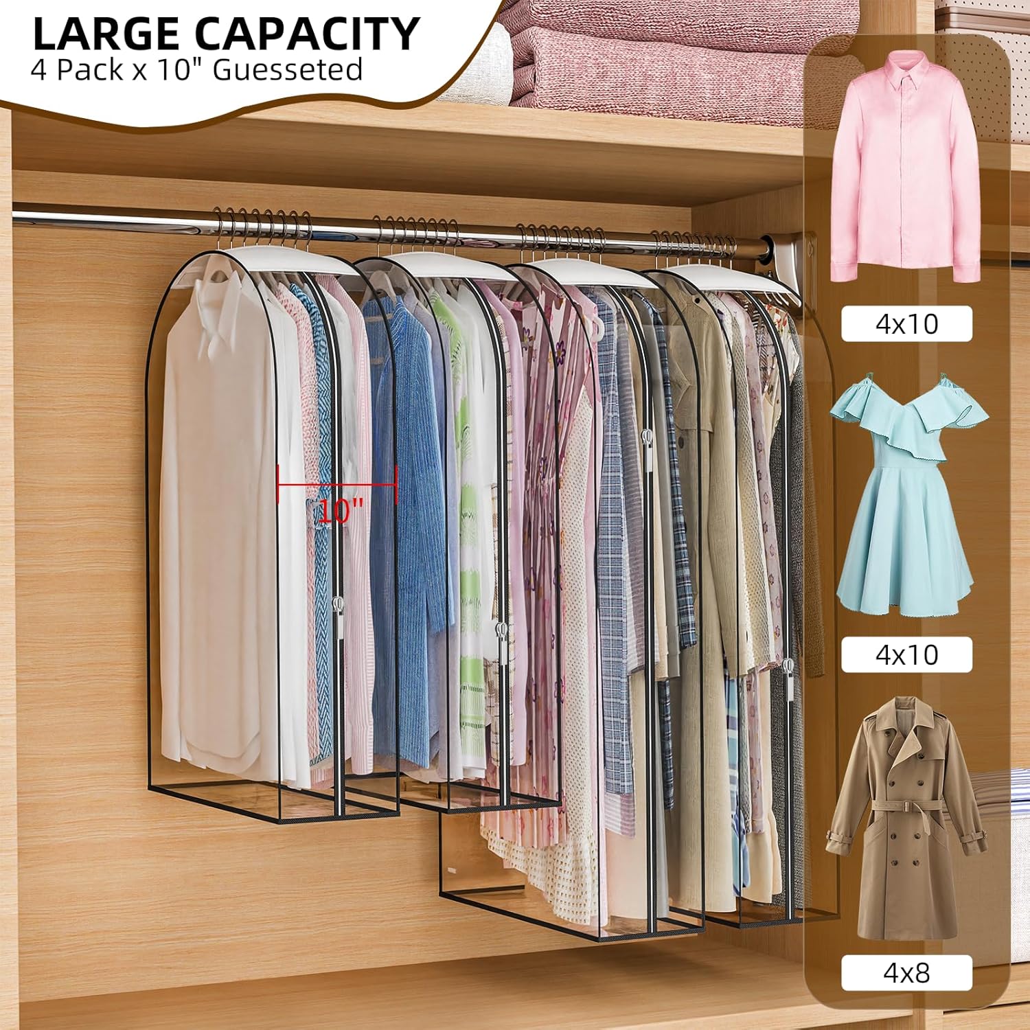 Skiennix Thickened Clear Garment Bags - 4 Pack Hanging Clothes Storage (40 & 50 Inch) for Shirts, Coats, Dresses