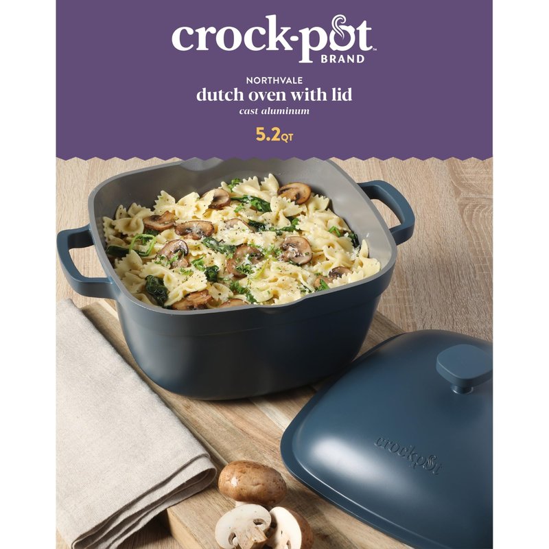 Crock-Pot Northvale Cast Aluminum Lightweight Durable 5.2 Quart Heavy Duty Dutch Oven Pot With Lid, Oven Safe, Dual Handles - Matte Blue