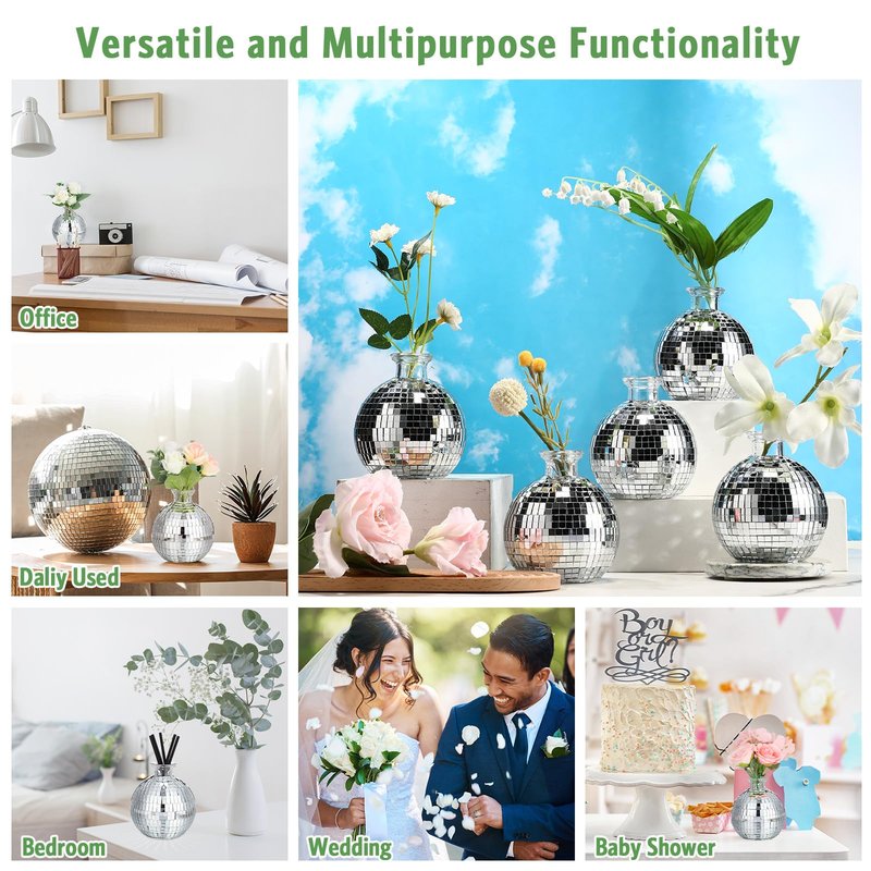 Layhit 12 Pcs Disco Ball Vase for Flower and Plant 4 Inch Small Glass Vase Silver Mirror Mini Disco Ball Planter for Indoor Outdoor Wedding Birthday Home Bedroom Kitchen Office Decoration