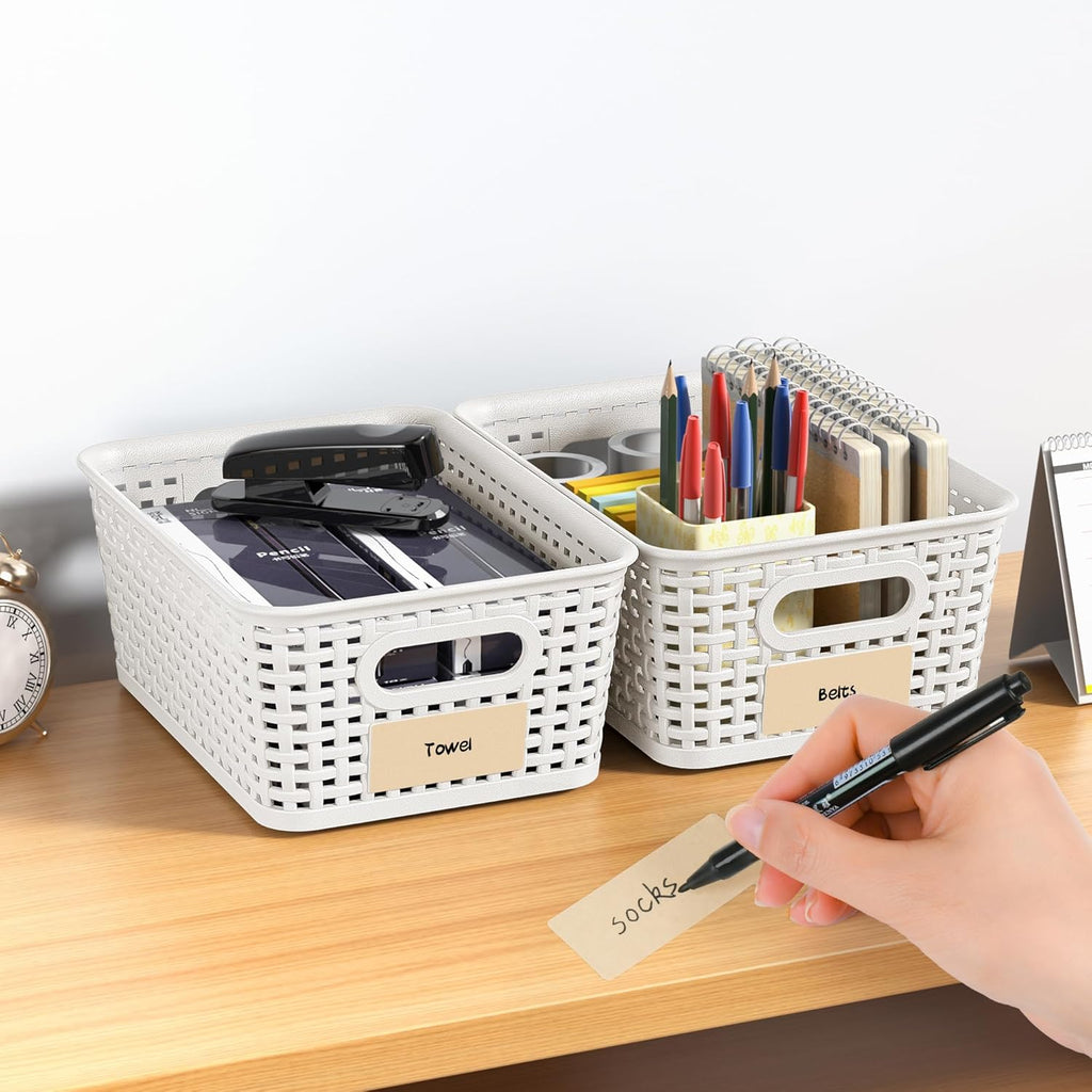 White Plastic Storage Baskets by [Brand Name] - Durable Stackable Bins with Labels | Pack of 8 for Organizing Desktops, Closets & Offices