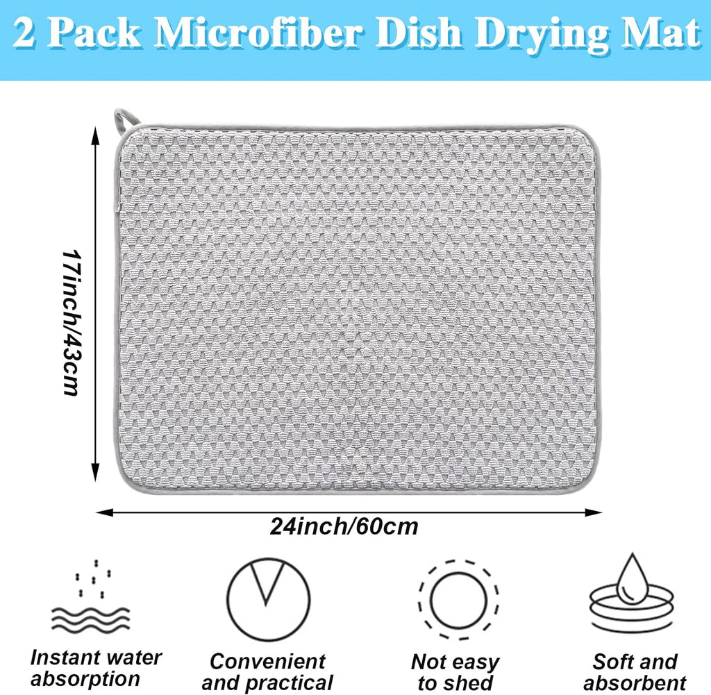 Skiennix Microfiber Dish Drying Mat - Absorbent 24"x17" Kitchen Counter Pad | Large Gray Drainer