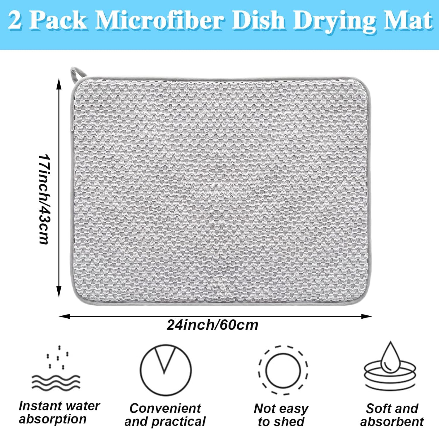 Skiennix Microfiber Dish Drying Mat - Absorbent 24"x17" Kitchen Counter Pad | Large Gray Drainer