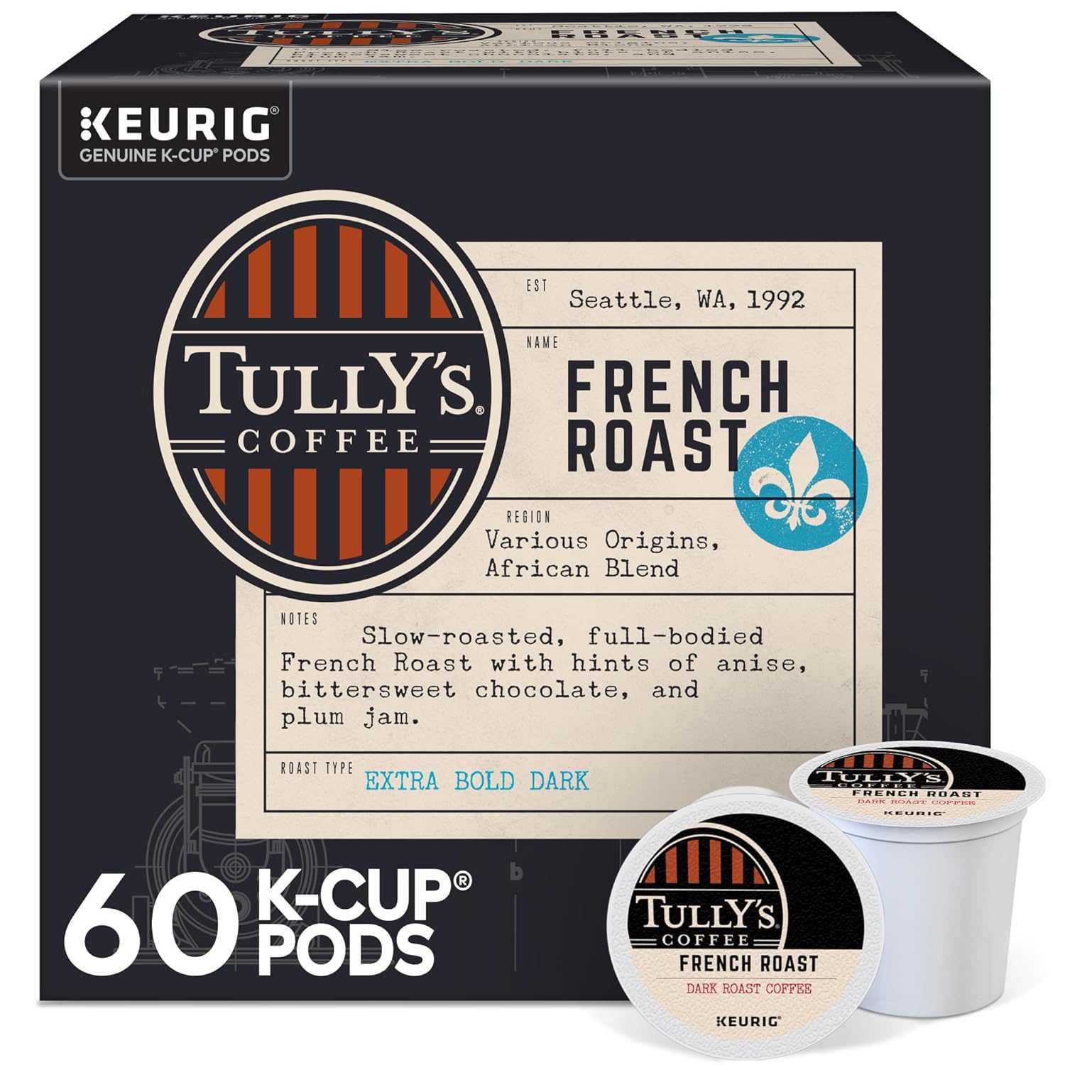 Tully's Coffee French Roast K-Cup Pods - Dark Roast Coffee, 60 Count (6 Packs of 10)