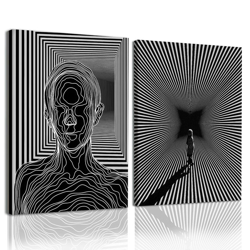 AUUAUU Black and White Minimalist Wall Art Set of 2-16x24 Inch Framed Abstract Poster Modern Optical Illusion Canvas Prints Geometric Lines Pictures Paintings for Living Room Bedroom Offic Decor