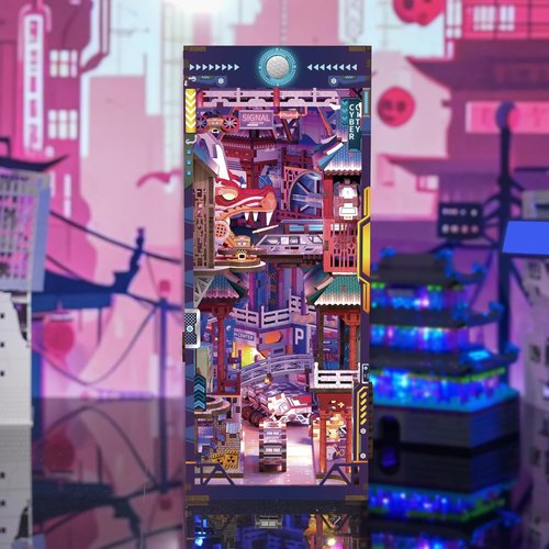 Hands Craft DIY Book Nook Kit - Cyber City Miniature Puzzle with LED Lights | Neon Cyberpunk Decor