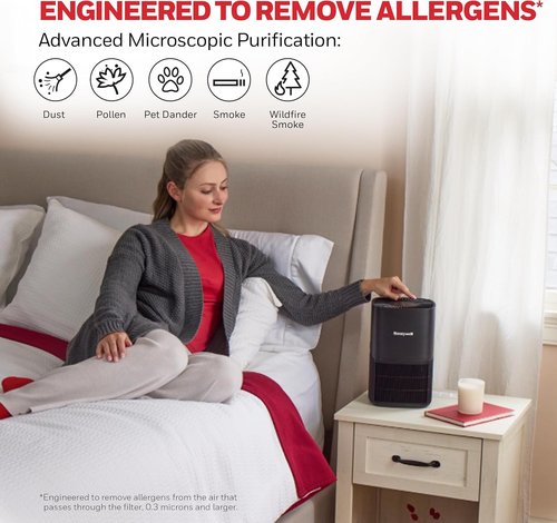 Honeywell Allergen Plus HEPA Air Purifier - Compact Design for Small Rooms, 530 Ft² Coverage, Auto Mode, Black