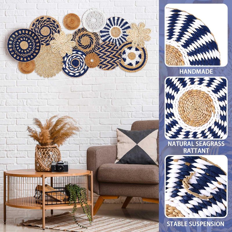 Xuhal 15 Pcs Boho Wall Basket Decor Handcrafted Seagrass Woven Wall Basket Rustic Round Woven Hanging Art for Home Farmhouse Kitchen Table Living Room(Blue Classic Style)