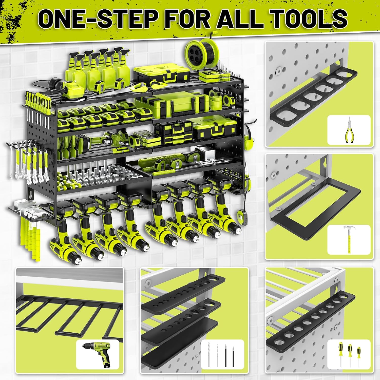 Skiennix Power Tool Organizer - Heavy-Duty Wall Mount Storage Rack with 8 Drill Holders | Black