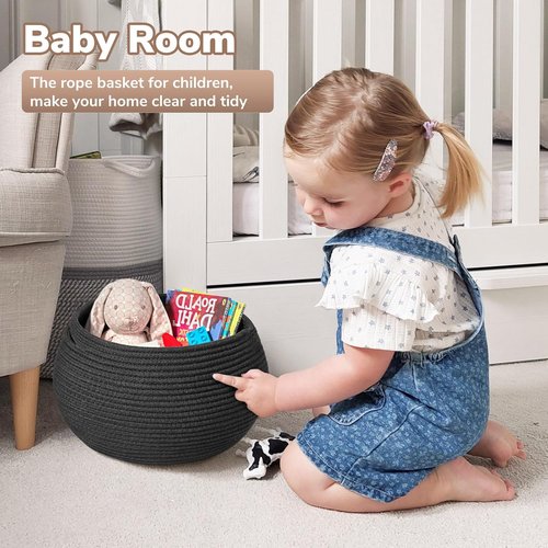 Goodpick Small Rope Storage Basket - Black Round Baskets for Socks, Dog Toys & Towels | 10 x 8.3 Inches