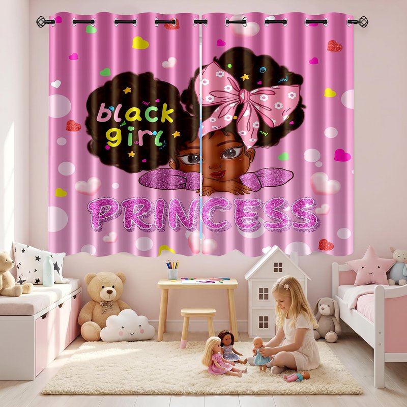 Jiospet African Girl Curtains Black Girl Curtains Room Decor Blackout Window Drapes Pink Princess Drapes for Girls Bedroom 2 Panel Sets, 82''×63''