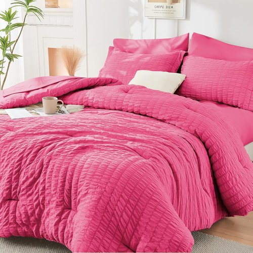 HYMOKEGE King Size Comforter Set - Hot Pink Seersucker 7-Piece Luxury Bedding Set | All-Season Comforter, Sheets & Pillowcases