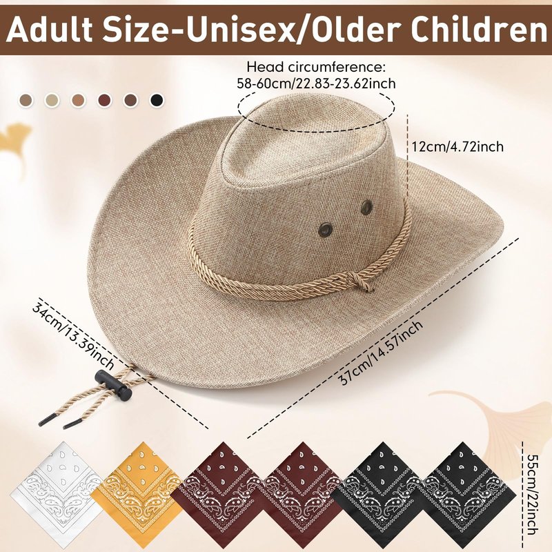 Zhanmai 12 Pcs Cowboy Hat and Bandana Cowboy Cowgirl Hats Bulk Western Party Costume Halloween Accessory(Flax,Brown Series)