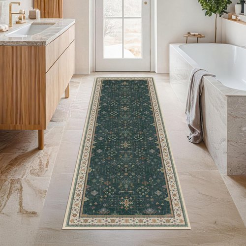 Hazo Haus Dark Green 2x8 Non-Slip Kitchen Runner Rug - Modern Vintage Boho Floral Design, Washable 8ft Long