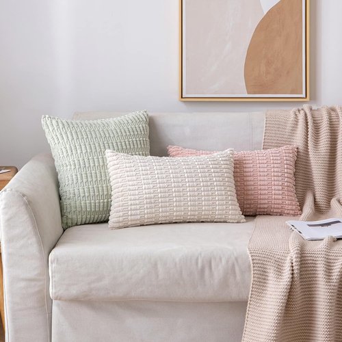 MIULEE Corduroy Lumbar Throw Pillow Covers - Soft Boho Striped Design | 22x14 Inch, Cream White