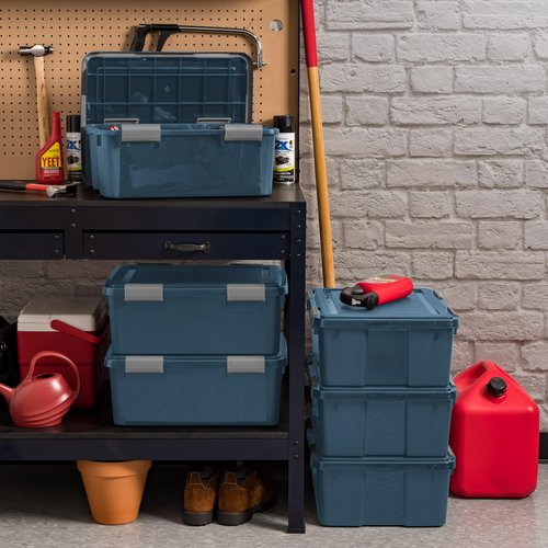 IRIS USA WeatherPro 31 Qt Eco-Friendly Storage Bins with Lids, 4 Pack, BPA-Free Plastic Gasket Box with Tight Latch and Seal, Stackable Nestable Tote Tub - Navy