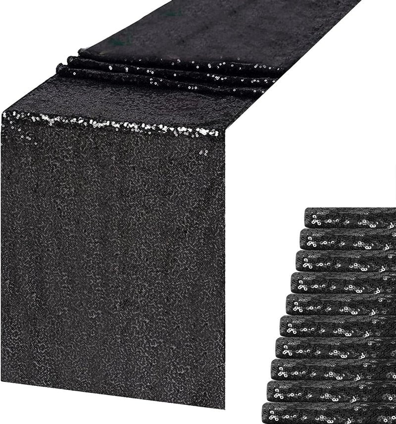 HMQIANG 10 Pack Black Sequin Table Runner 12x108 inch Shiny Metallic Sequin Table Linens Runner Party Decor Black Glitter Party Supplies Fabric for Halloween Baby Shower Holiday Celebration