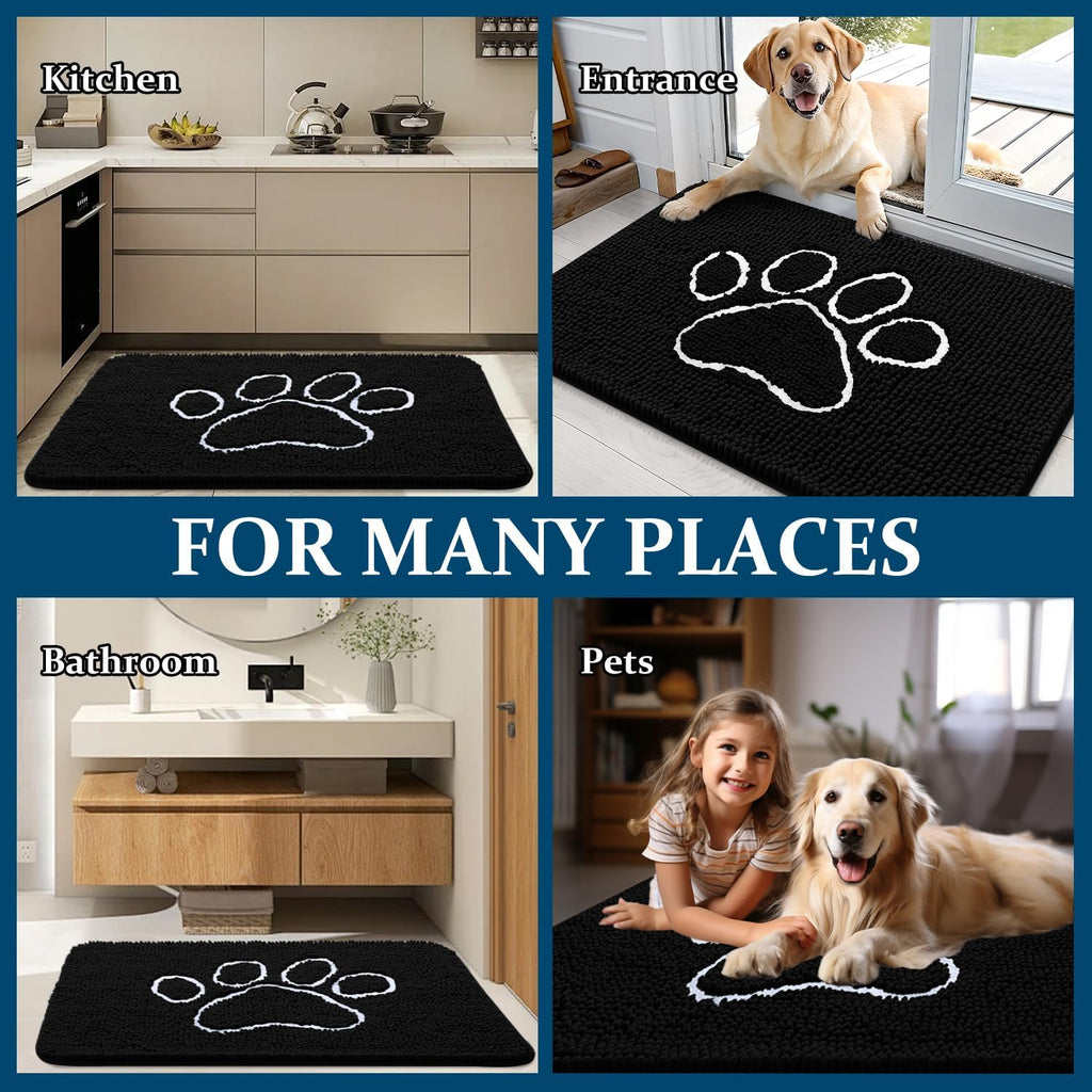 OLANLY Dog Door Mat - Absorbent Non-Slip Mud Mat for Muddy Paws | 47x32 Inches, Black Paw Print Design