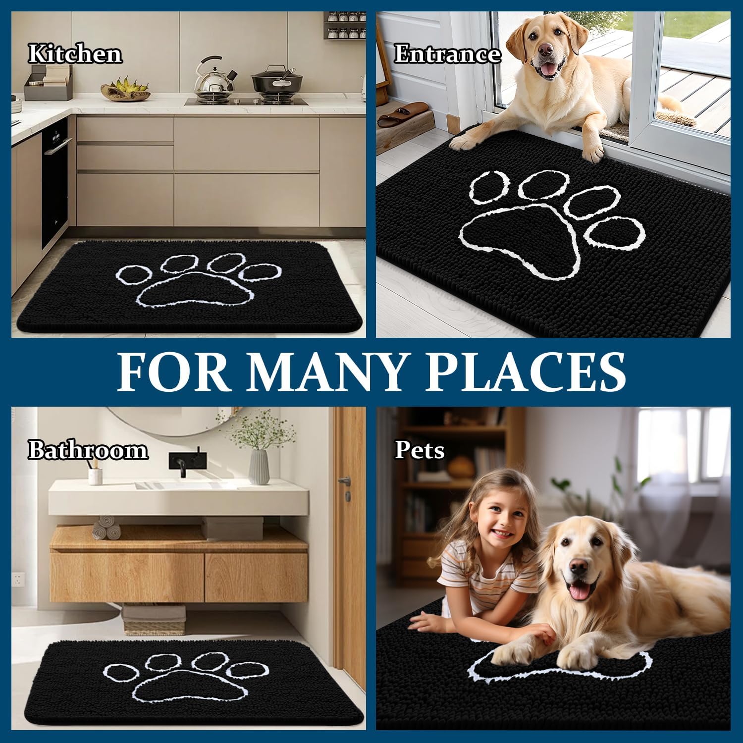 OLANLY Dog Door Mat - Absorbent Non-Slip Mud Mat for Muddy Paws | 47x32 Inches, Black Paw Print Design