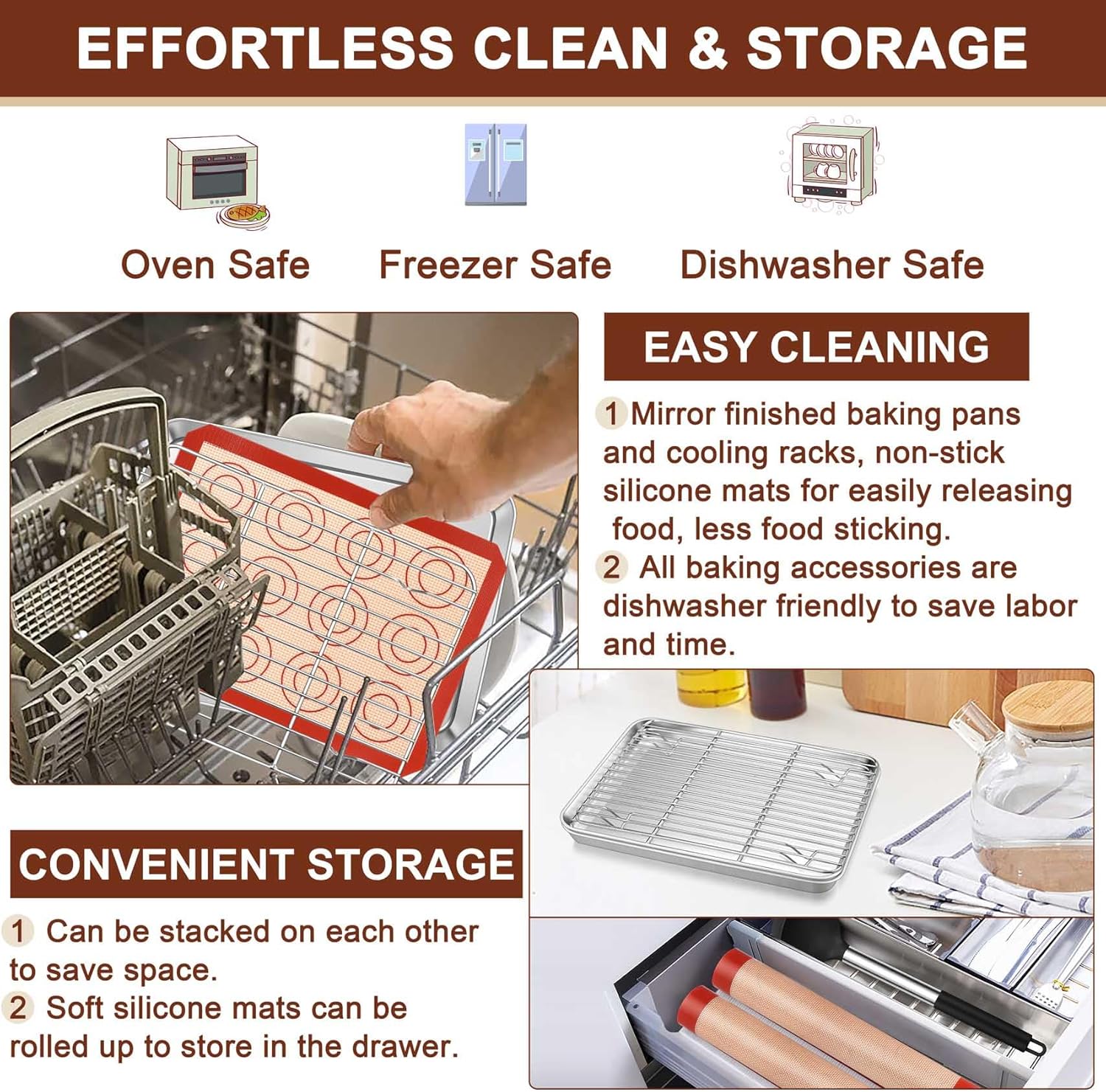 TeamFar Stainless Steel Toaster Oven Tray Set - 9.3-Inch Baking Sheets with Cooling Racks & Silicone Mats - Non-Toxic & Easy to Clean