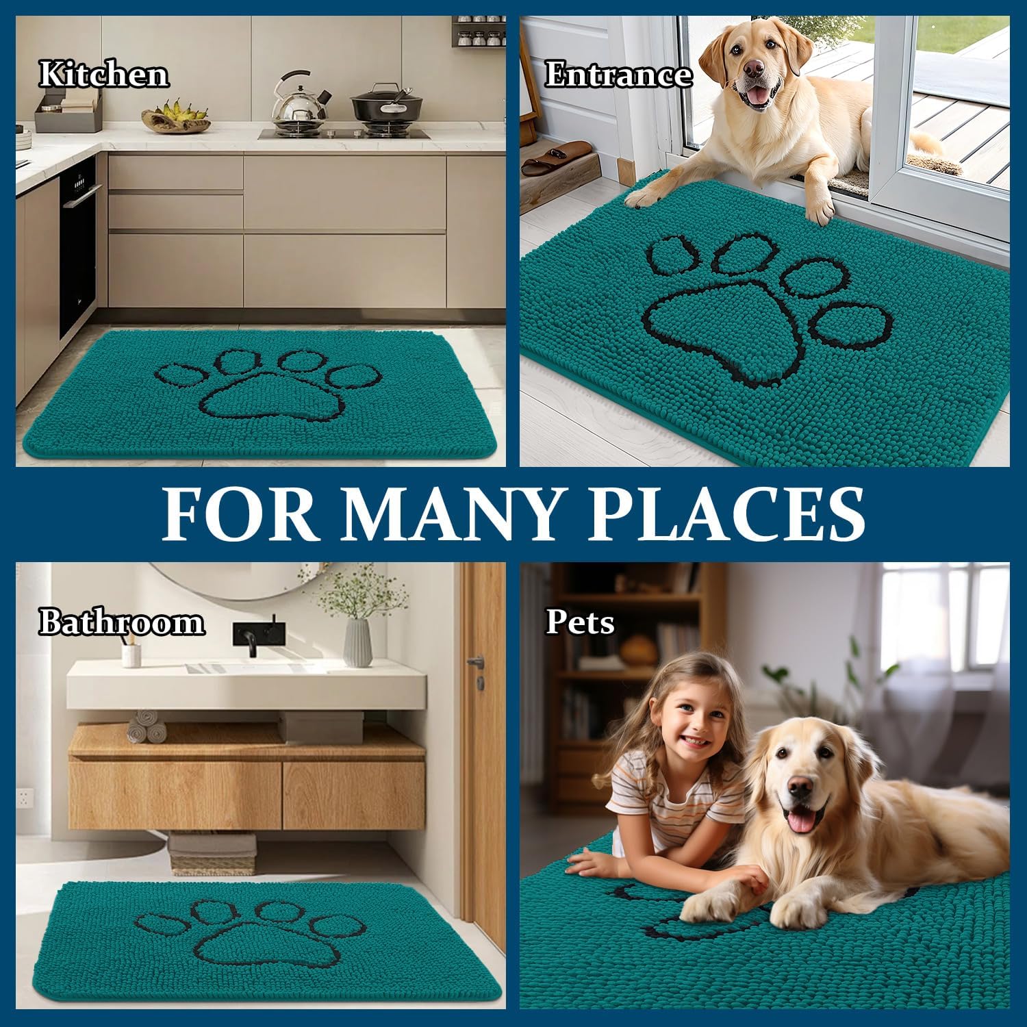 OLANLY Dog Door Mat - Absorbent Non-Slip Mud Mat for Muddy Paws | 48x30, Lake Blue, Quick Dry Chenille