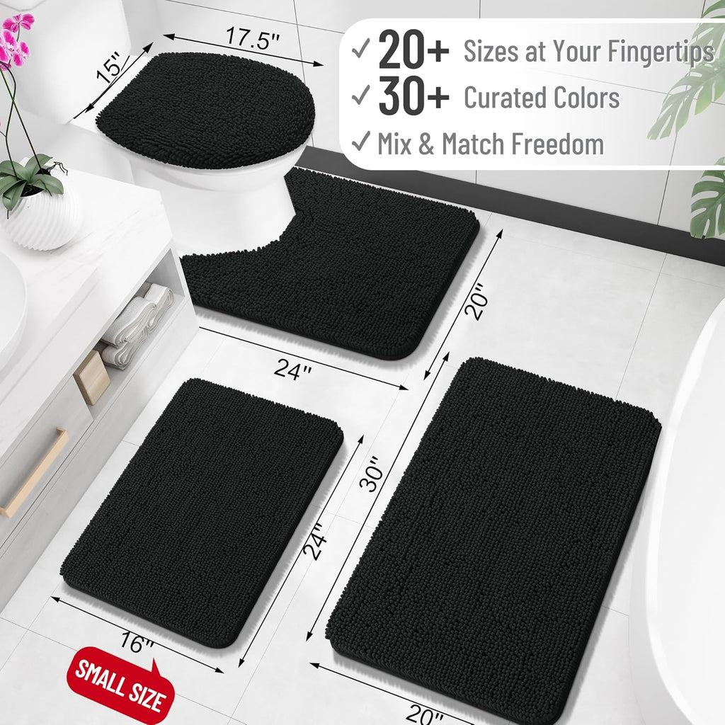 OLANLY U-Shaped Toilet Rugs - Extra Soft, Absorbent Chenille Bath Mat | 24x20, Quick-Dry, Non-Slip, Black