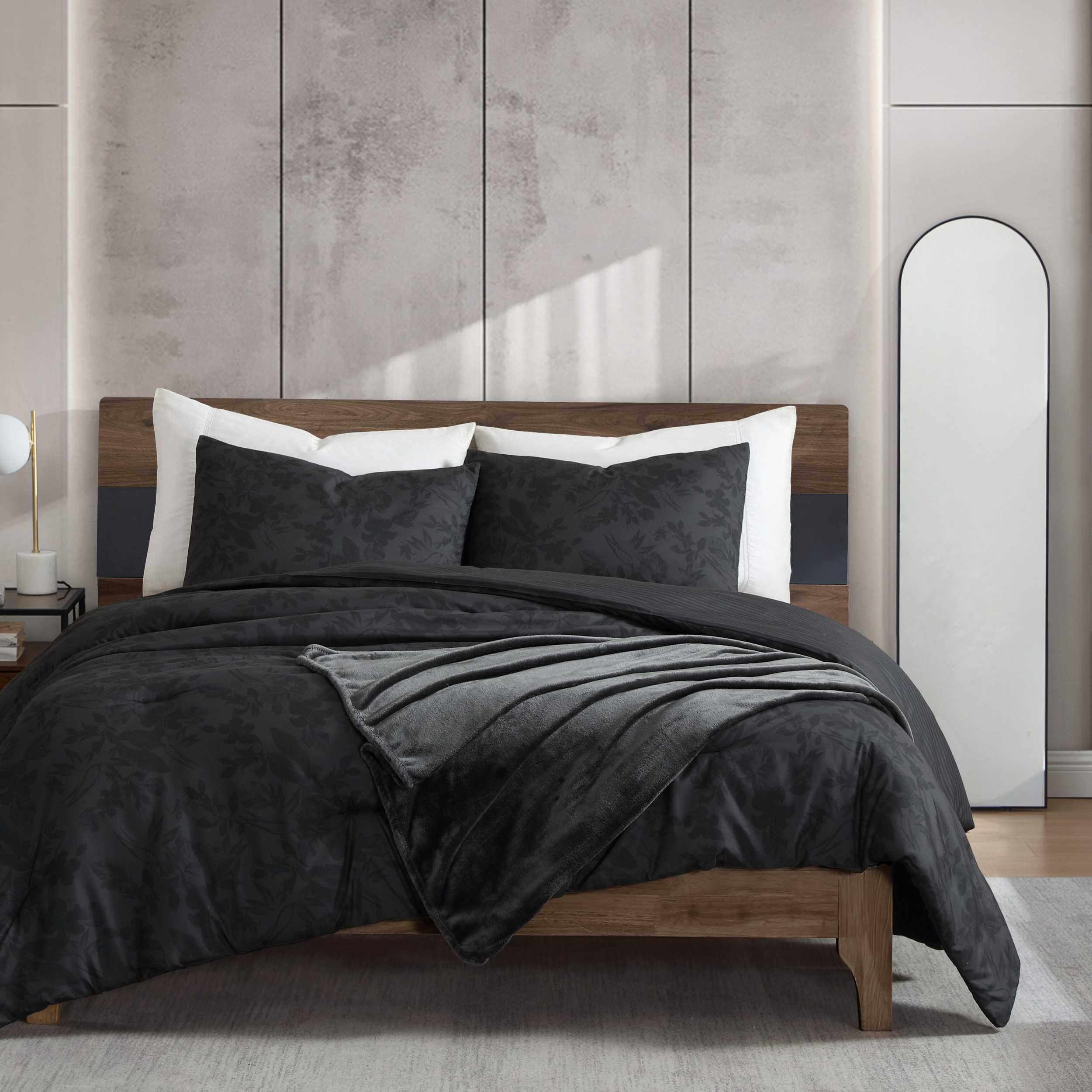 Kenneth Cole - King Comforter Set, Super Soft Bedding with Matching Shams & Bonus Throw, Floral Home Decor, Oeko-Tex Certified (Silhouette Floral Black, King)