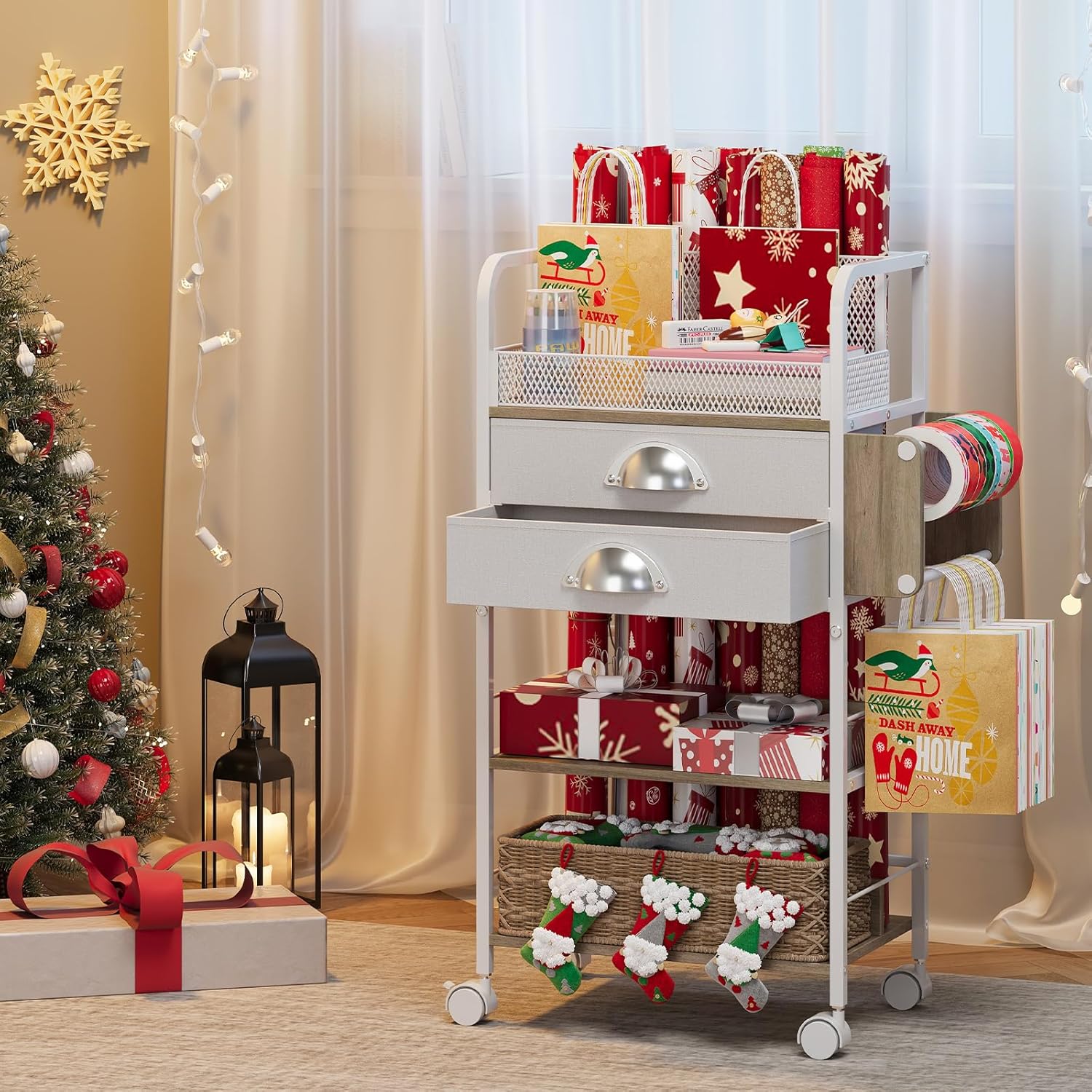 Rolling Craft Storage Cart - Multi-Tier Organizer with Lockable Wheels & 2 Fabric Drawers | 16.54x11.4x32.68 Inches
