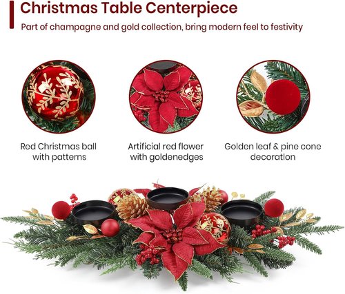 Alupssuc 28" Christmas Centerpiece - Elegant Candle Holder Tray with Baubles & Pine Cones for Holiday Decor