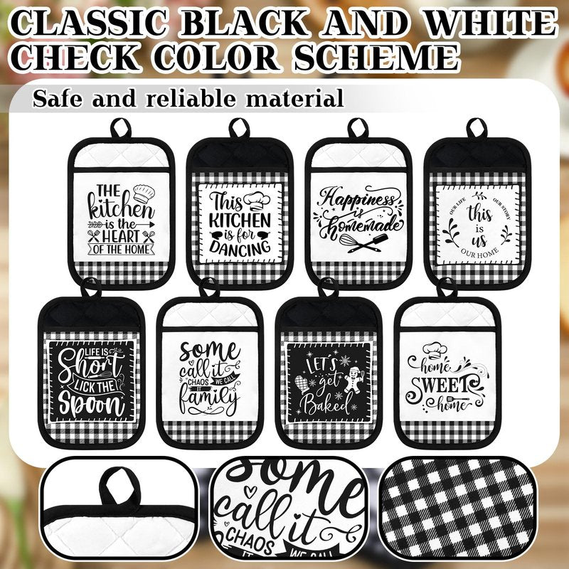 8 Pcs Pot Holders with Pocket Farmhouse Kitchen Black White Decoration Home Sweet Potholder Hot Pad Oven Mitt Cookie Bag Oven Gloves Heat Resistant for Kitchen Decoration Baking Cooking Gift Microwave