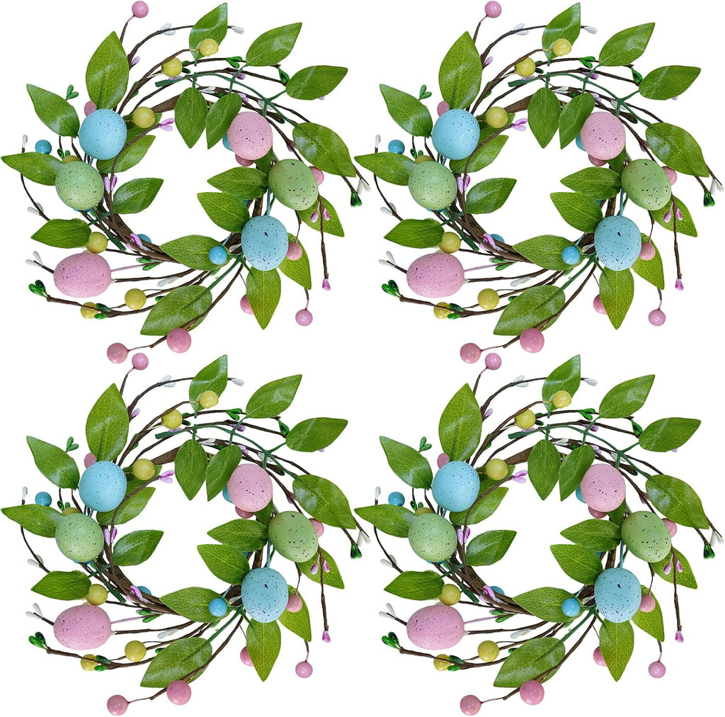 Winlyn Easter Egg Candle Rings - 4 Pcs Spring Wreaths with Pastel Eggs & Berries | 11" Holiday Decor