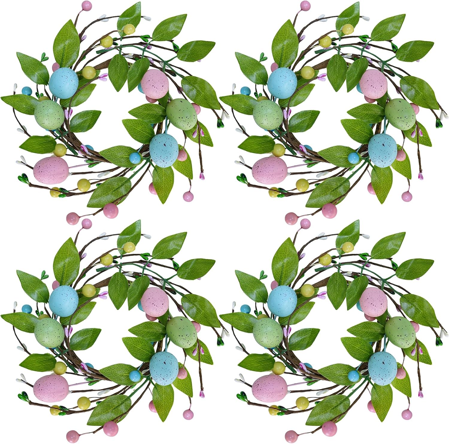 Winlyn Easter Egg Candle Rings - 4 Pcs Spring Wreaths with Pastel Eggs & Berries | 11" Holiday Decor