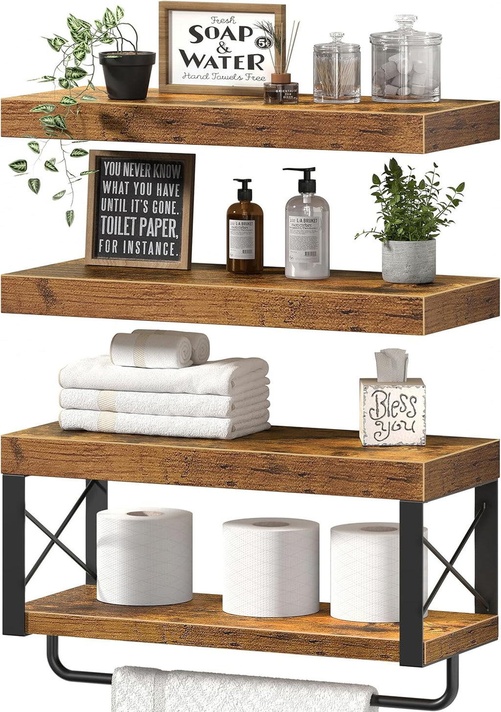 QEEIG Bathroom Shelves Over Toilet - Rustic Floating Shelf Set for Toilet Paper Storage | 16 Inch, Brown